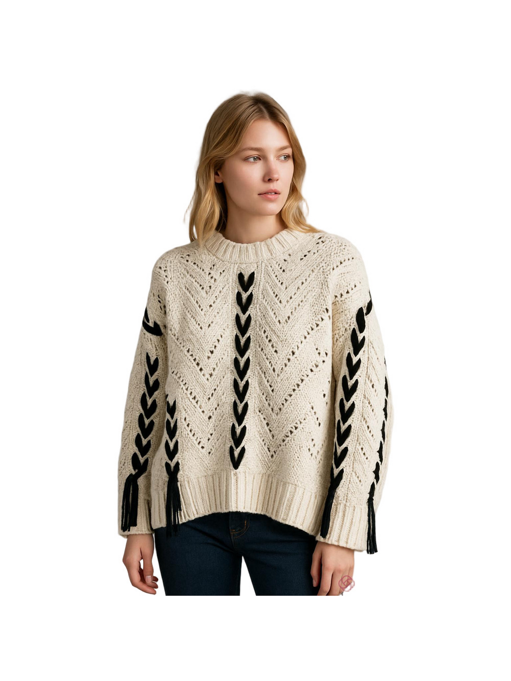 Elegant Cream Sweater with Black Accents